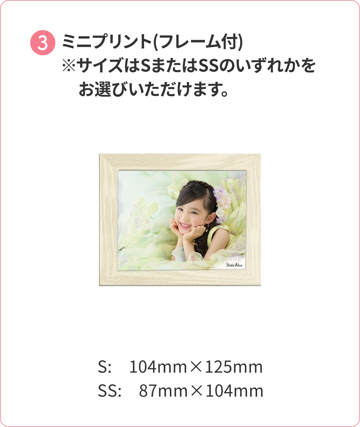 ③ミニプリント（フレーム付）。サイズはSまたはSSのいずれかを選べます。S：104mm×125mm、SS：87mm×104mm