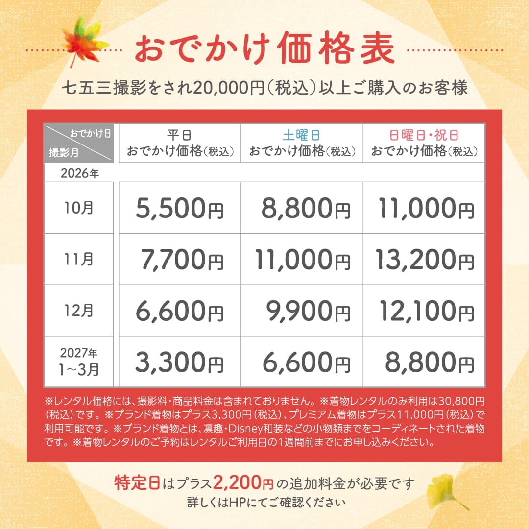 プラス3,300円（税込）で デザインフォト2カットにグレードアップ。七五三1Dayプランご利用の方限定。お子さまのお名前と日付けが入ります。※画像はイメージです。※お写真は当日撮影（ご購入）いただいた中からお選びください。