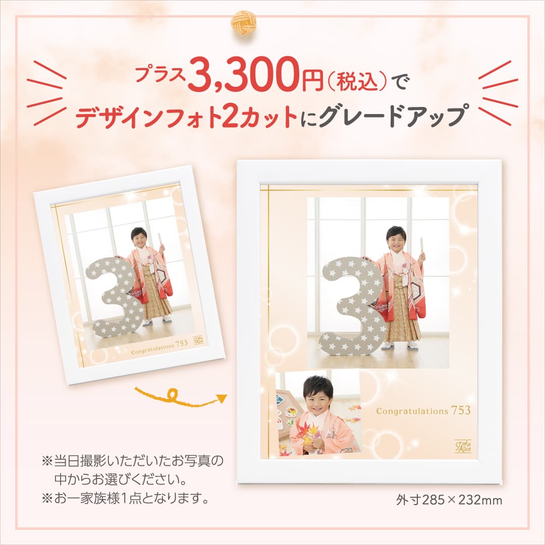 プラス3,300円（税込）でデザインフォト2カットにグレードアップ※当日撮影いただいたお写真の中からお選びください。※お一家族様1点となります。外寸285×232mm