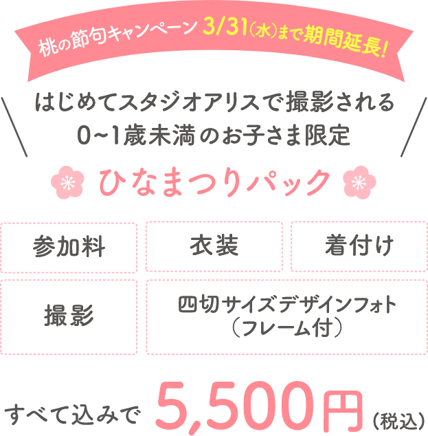 2021年2月1日(月)〜3月14日(日)の期間中 はじめてスタジオアリスで撮影される0〜1歳までのお子さま限定 ひなまつりパック 参加料 衣装 着付け 撮影 四切サイズデザインフォト(フレーム付) すべて込みで5,500円(税込)