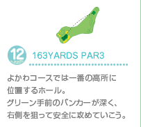 12.163YARDS PAR3
よかわコースでは一番の高所に位置するホール。グリーン手前のバンカーが深く、右側を狙って安全に攻めていこう。