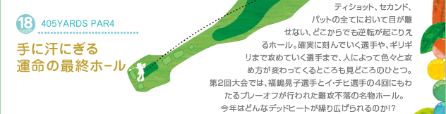 18.405YARDS PAR4
手に汗にぎる運命の最終ホール
ティショット、セカンド、パットの全てにおいて目が離せない、どこからでも逆転が起こりえるホール。確実に刻んでいく選手や、ギリギリまで攻めていく選手まで、人によって色々と攻め方が変わってくるところも見どころのひとつ。第2回大会では、福嶋晃子選手とイ・チヒ選手の4回にもわたるプレーオフが行われた難攻不落の名物ホール。　今年はどんなデッドヒートが繰り広げられるのか！？