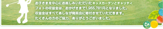 お子さまを中心にお楽しみいただいたキッズフォトガーデンとチャリティフォトの収益金は、おかげさまで1,955,781円となりました。収益金はすべてあしなが育英会に寄付させていただきます。たくさんの方のご協力、ありがとうございました。