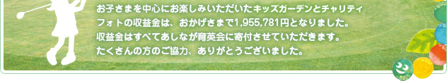 お子さまを中心にお楽しみいただいたキッズフォトガーデンとチャリティフォトの収益金は、おかげさまで1,955,781円となりました。収益金はすべてあしなが育英会に寄付させていただきます。たくさんの方のご協力、ありがとうございました。