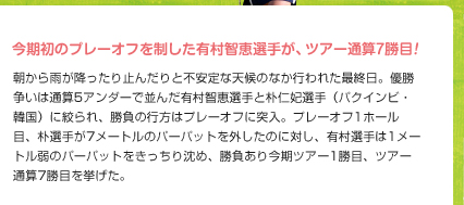 はぱ妃今期初のプレーオフを制した有村智恵が、ツアー通算7勝目！　朝から雨が降ったり止んだりと不安定な天候のなか行われた最終日。優勝争いは通算5アンダーで並んだ有村智恵と朴仁妃に絞られ、勝負の行方はプレーオフに突入。プレーオフ1ホール目、朴が7メートルのパーパットをはずしたのに対し、有村は1メートル弱のパーパットをきっちり沈め、勝負あり。今期ツアー1勝目、ツアー通算7勝目を挙げた。3打差の3位には主催者推薦選考会（マンデートーナメント）から出場の中村香織が入り、規程により次週大会への出場権を獲得した。