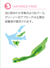 3.144YARDS PAR3 池に囲まれた浮島のようなパー3。