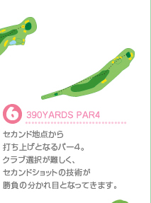 6.390YARDS PAR4 セカンド地点から打ち上げとなるパー4。クラブ選択が難しく、セカンドショットの技術が勝負の分かれ目となってきます。