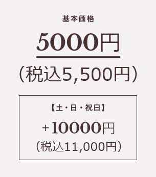 基本価格 5000円（税込5,500円）【土・日・祝日】+10,000円（税込11,000円）