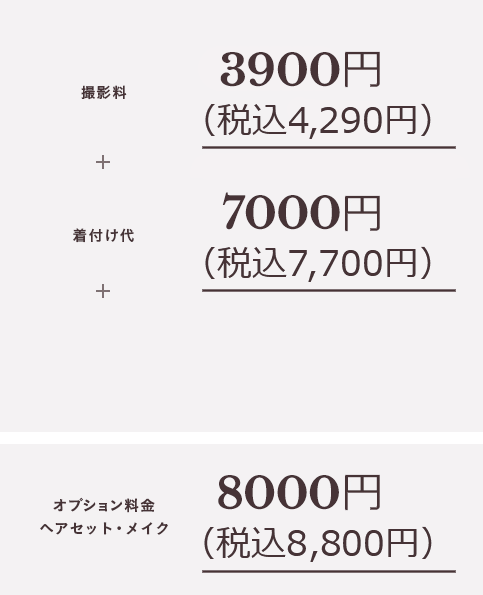 撮影料 3000円（税込3,300円）+ 着付け代 7000円（税込7,700円）オプション料金 ヘアセット・メイク 8000円（税込8,800円）