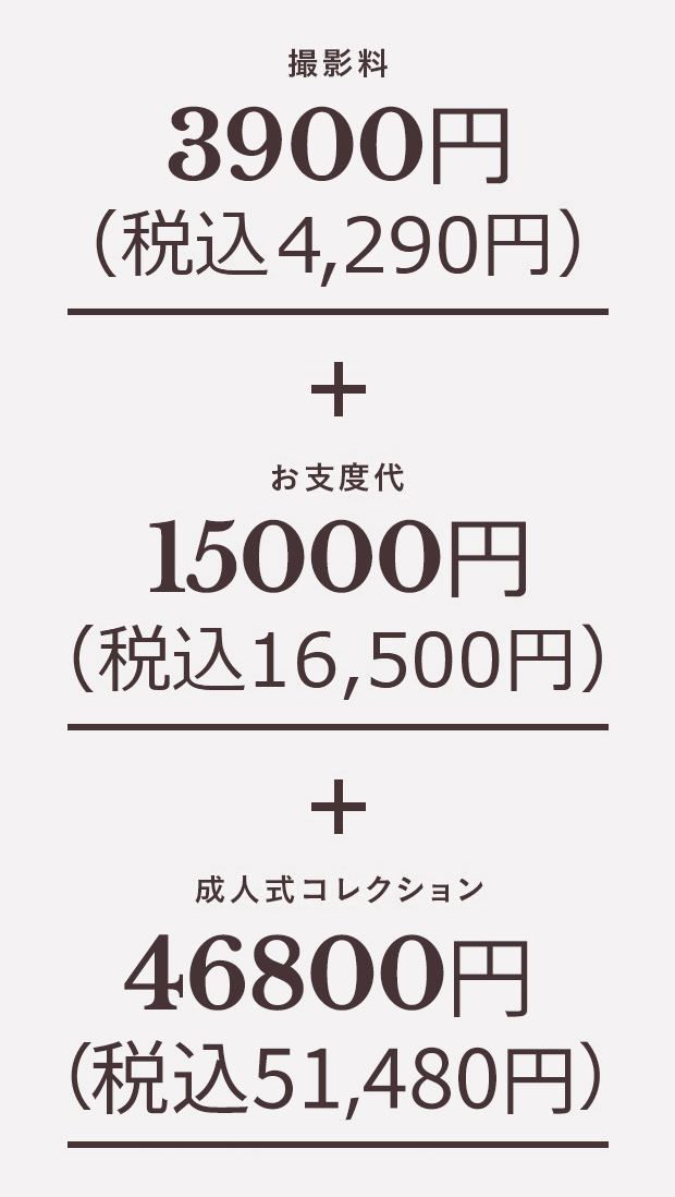 撮影料 3900円（税込4,290円）＋お支度代 15000円（税込16,500円）＋成人式コレクション 46800円（税込51,480円）