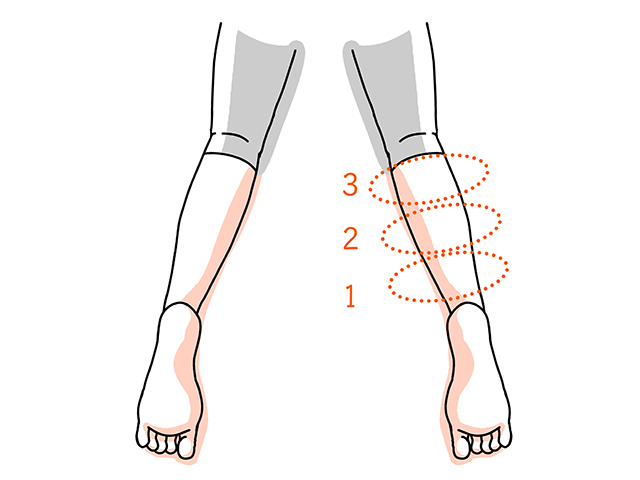 右足首付近から膝方向へ順に押す。