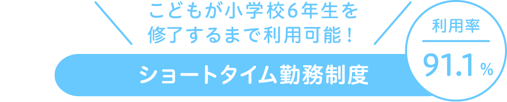 こどもが小学校6年生を修了するまで利用可能！ ショートタイム勤務制度（利用率91.1%）