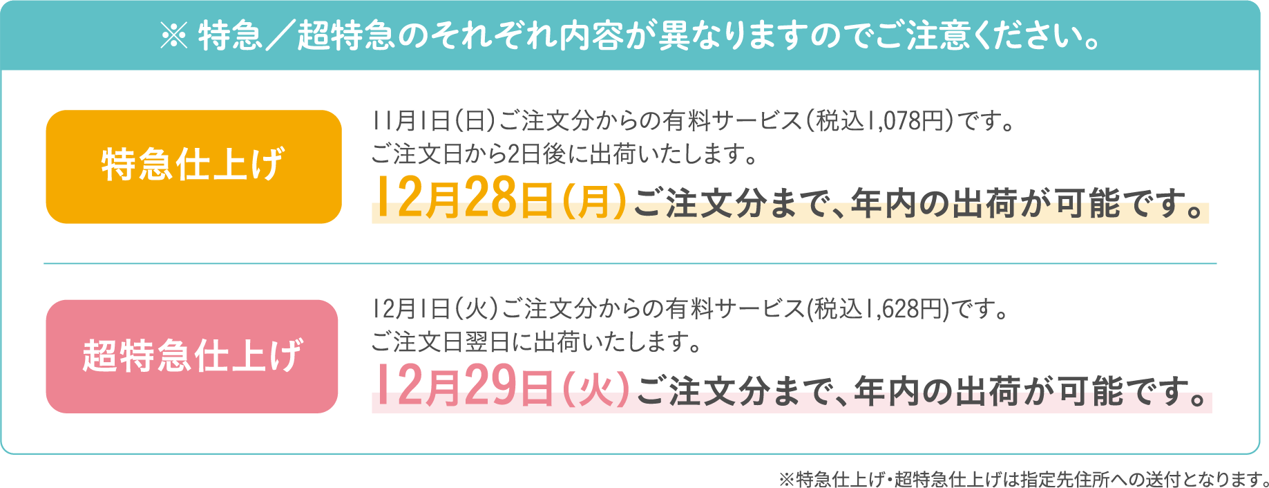※特急／超特急のそれぞれ内容が異なりますのでご注意ください。特急仕上げ：11月1日（日）ご注文分からの有料サービス（税込1,078円）です。ご注文日から2日後に出荷いたします。12月28日（月）ご注文分まで、年内の出荷が可能です。超特急仕上げ：12月1日（火）ご注文分からの有料サービス（税込1,628円）です。ご注文日翌日に出荷いたします。12月29日（火）ご注文分まで、年内の出荷が可能です。※特急仕上げ・超特急仕上げは配送方法へのお届けのみです。