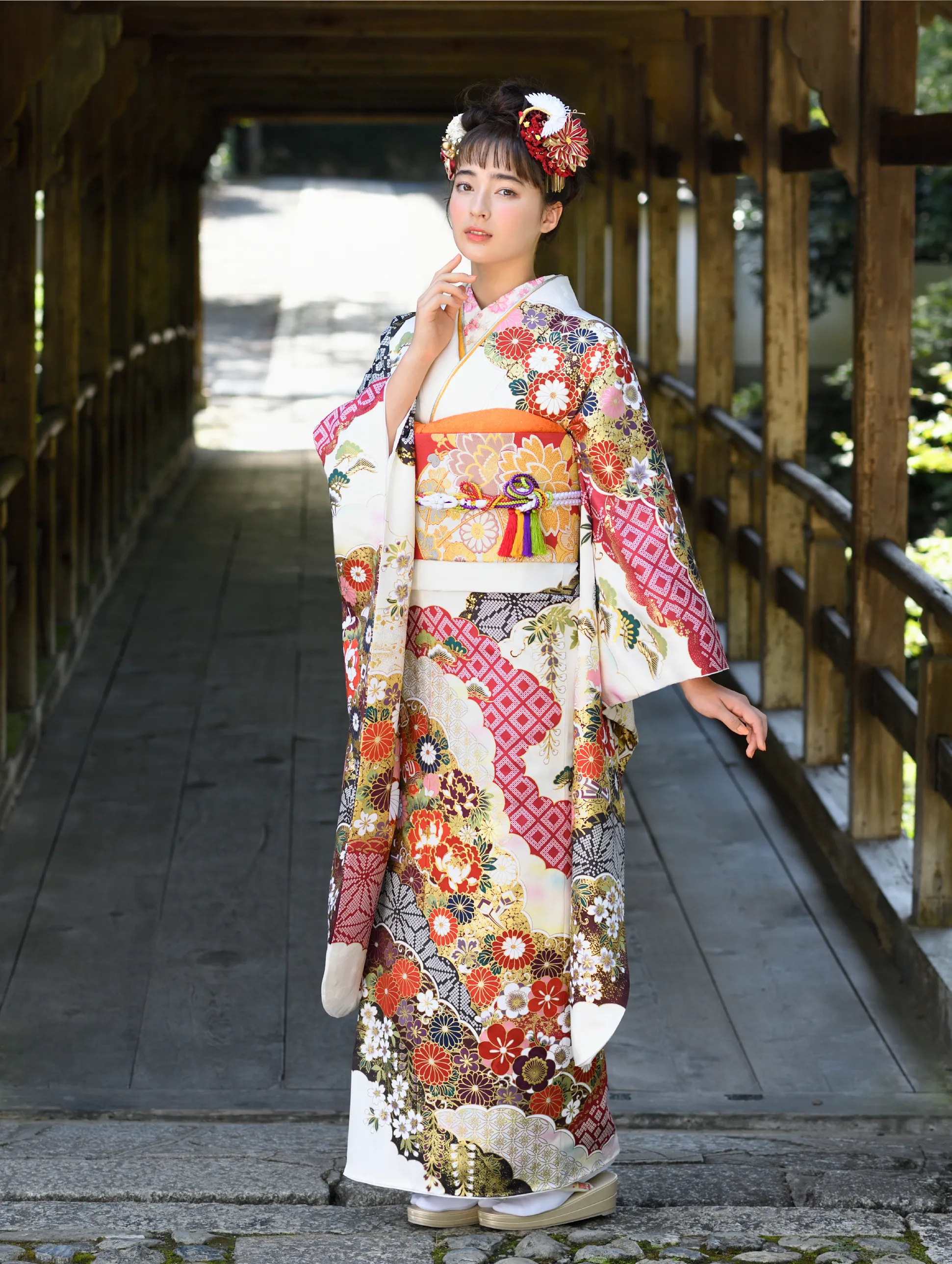 振袖フルセット■オーダー仕立て■京友禅■赤翔鶴■振袖一式■成人式 正統派古典 赤/金 鶴柄/針松柄 豪華 華やか 綺麗 クラシカル 金彩京