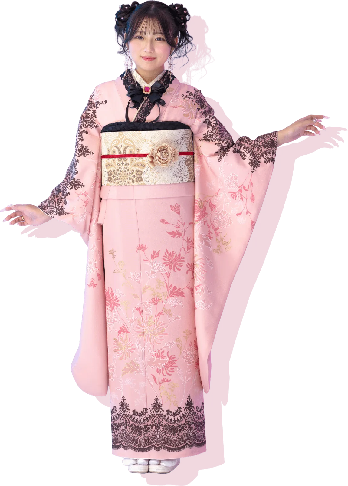 希空が着用する大人フェミニンなピンク振袖 AF-E004