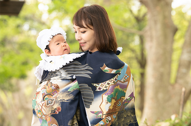 お宮参り産着 男児 正絹 のしめ 金刺繍 黒地 綸子地 祝着 NO32513