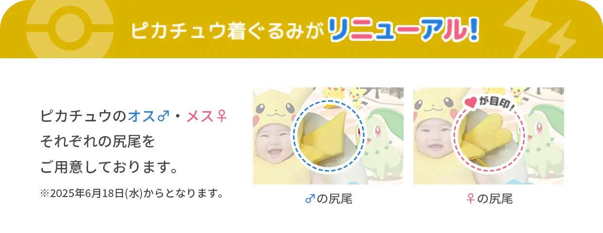 ピカチュウ着ぐるみがリニューアル!ピカチュウのオス♂・メス♀それぞれの尻尾をご用意しております。
