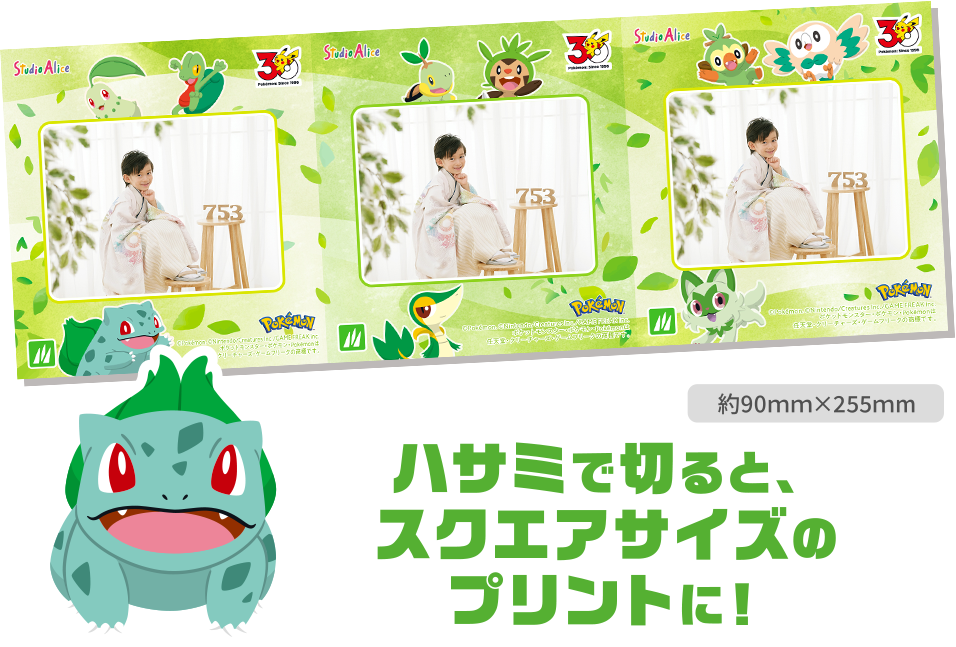 ハサミで切ると、スクエアサイズのプリントに！（草属性ポケモン柄）
