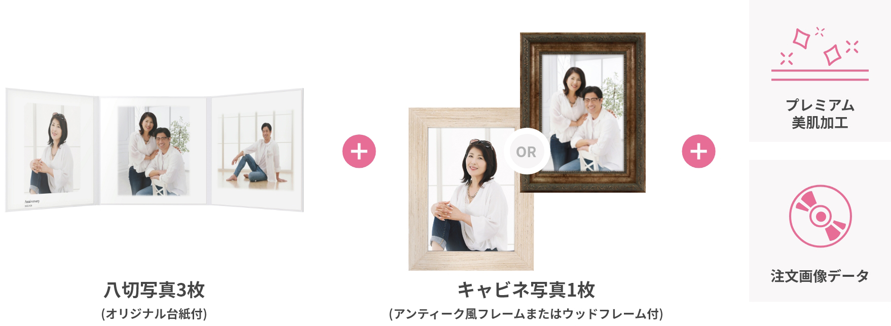 八切写真3枚+キャビネ写真1枚+プレミアム美肌加工+注文画像データ